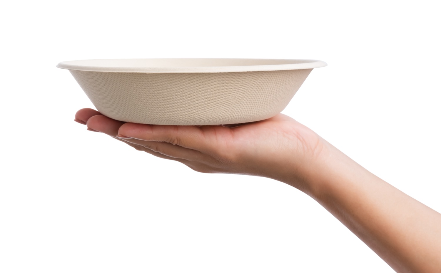 Hand holding a Tiger Green Resources sugarcane bagasse bowl